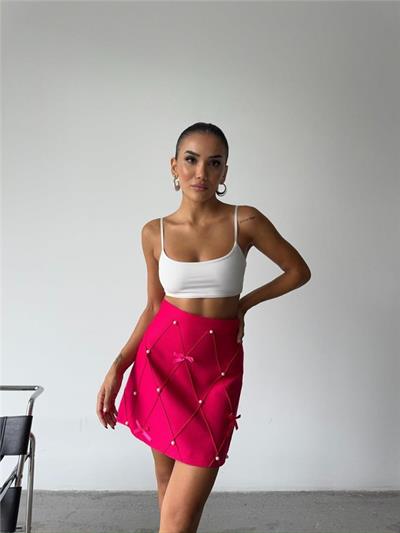 İNCİ KURDELE DETAYLI KISA ETEK - Fuşya