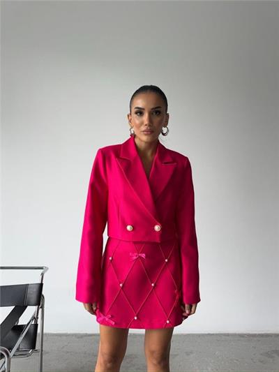 İNCİ KURDELE DETAYLI KISA ETEK - Fuşya