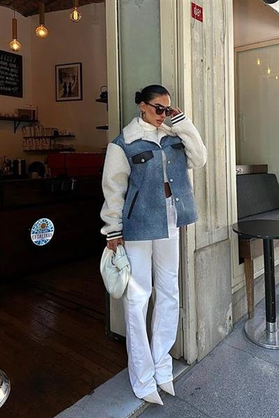 İçi Kürklü Deri Garnili Denim Görünümlü Ceket 6116