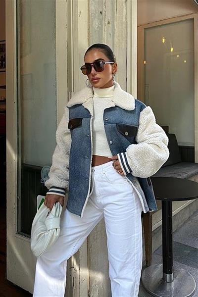 İçi Kürklü Deri Garnili Denim Görünümlü Ceket 6116