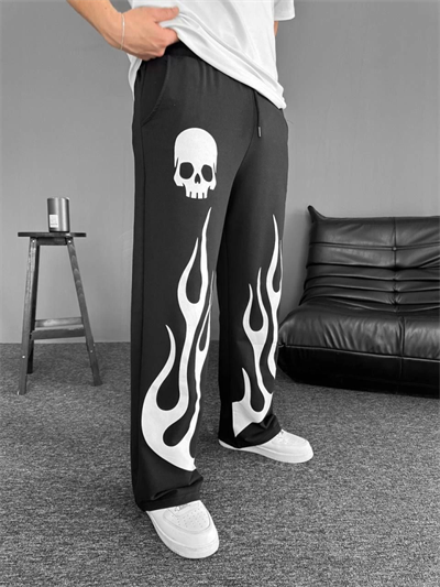 İki İplik Baskılı Kumaş Baggy Alt Esofman - Siyah