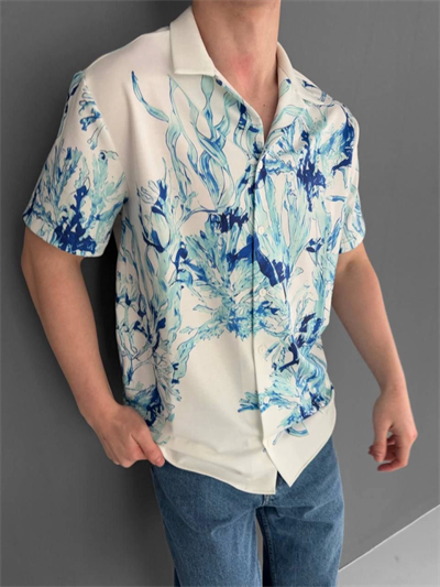 İki İplik Kumaş Baskılı Gömlek - Beyaz