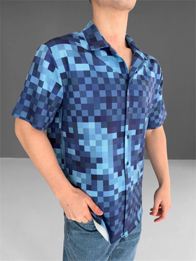 İki İplik Kumaş Baskılı Gömlek - Mavi