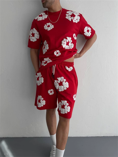 İki İplik Kumaş Baskılı T-shirt Şortlu Takım- Kırmızı