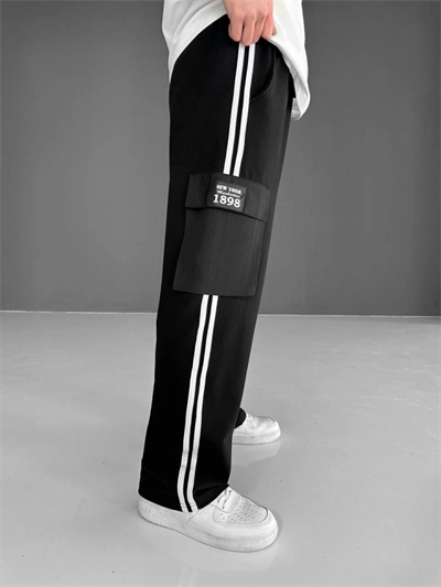 İki İplik Kumaş Kargo Cepli Şeritli Alt Esofman - Siyah