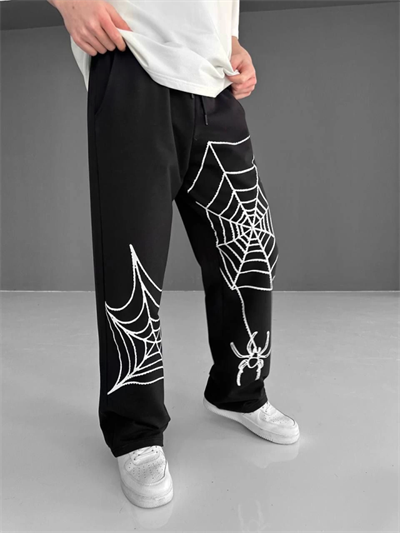 İki İplik Kumaş Örümcek Baskılı Esofman - Siyah