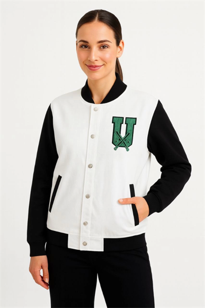 İki İplik Nakış İşlemeli Kolej Ceket - Beyaz