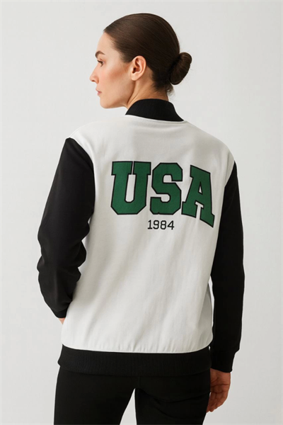 İki İplik Nakış İşlemeli Kolej Ceket - Beyaz