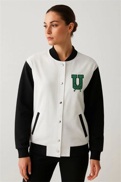 İki İplik Nakış İşlemeli Kolej Ceket - Beyaz