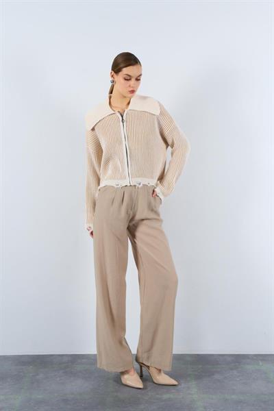 İki Renk Yırtıklı Hırka - Krem-Bej