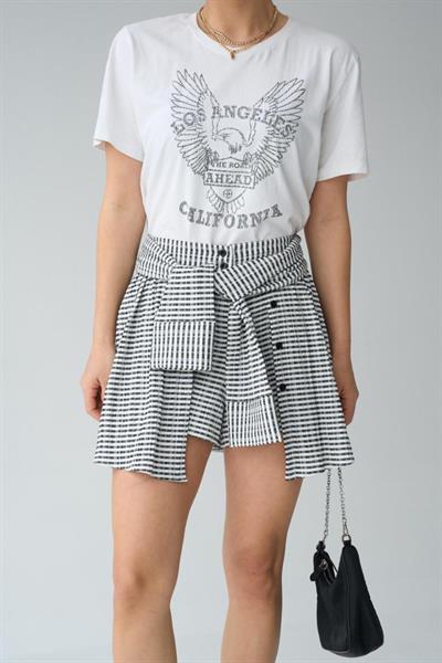 İki Renkli Gömlek Bağlamalı Şort - Siyah-Gri