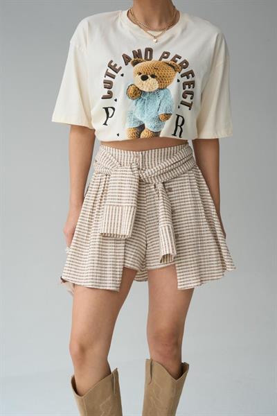 İki Renkli Gömlek Bağlamalı Şort - Vizon-Kahve