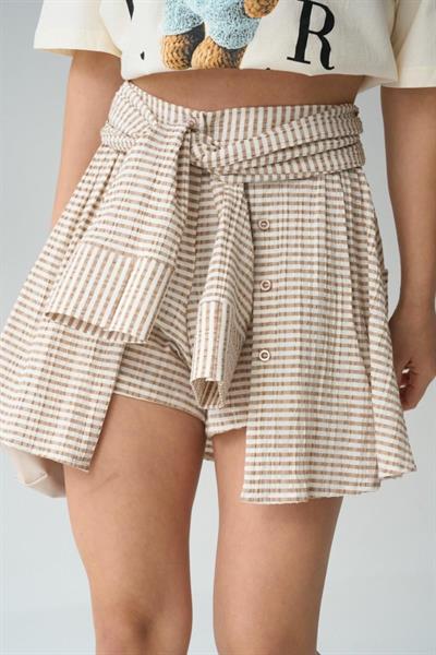 İki Renkli Gömlek Bağlamalı Şort - Vizon-Kahve