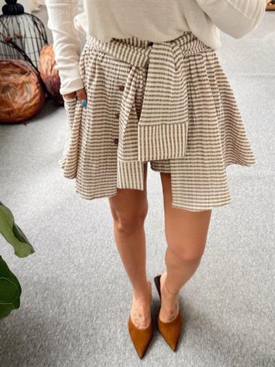 İki Renkli Gömlek Bağlamalı Şort - Vizon-Kahve