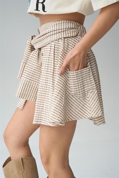 İki Renkli Gömlek Bağlamalı Şort - Vizon-Kahve