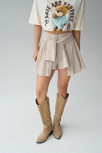 İki Renkli Gömlek Bağlamalı Şort - Vizon-Kahve