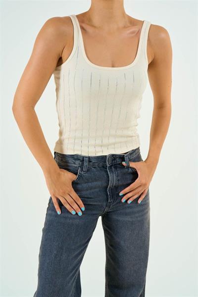 İnce Askılı Taşlı Atlet - Ekru