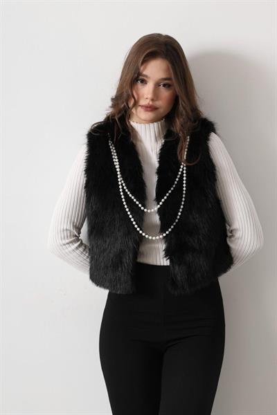 İnci Kolyeli Kürk Yelek - Siyah