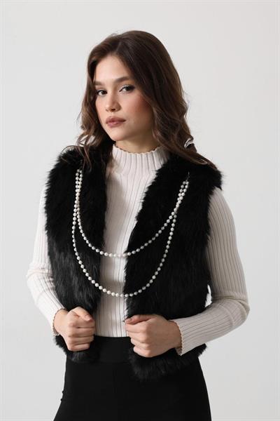İnci Kolyeli Kürk Yelek - Siyah
