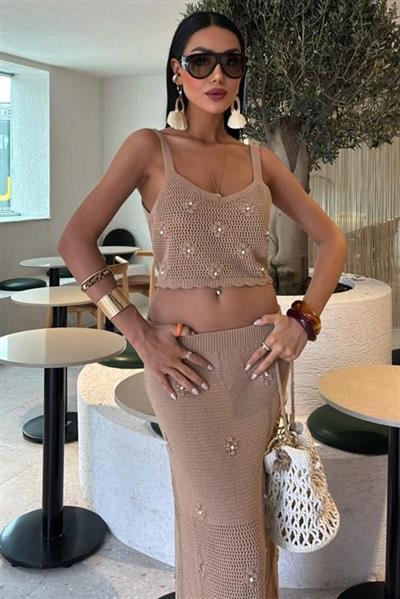 İnci Ve Çiçek Detaylı Büstiyerli Triko Takım 10100