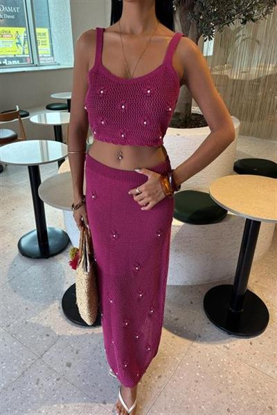 İnci Ve Çiçek Detaylı Büstiyerli Triko Takım 10100