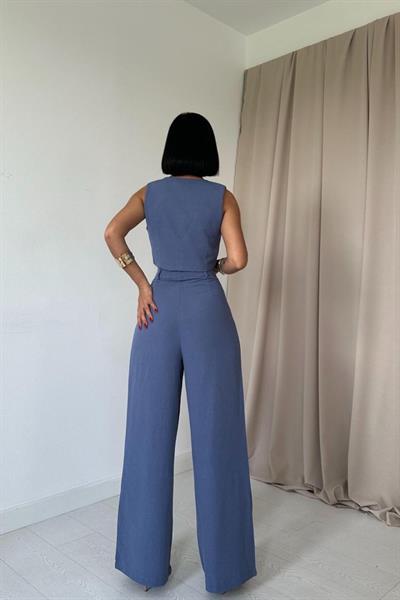 İndigo Önü Düğmeli Yelek Ve Pantolon Takım