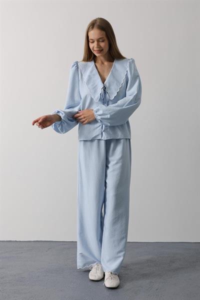 İşlemeli Bebe Yakalı Pantolon Takım - Bebe Mavisi