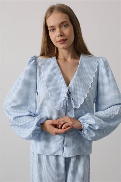 İşlemeli Bebe Yakalı Pantolon Takım - Bebe Mavisi