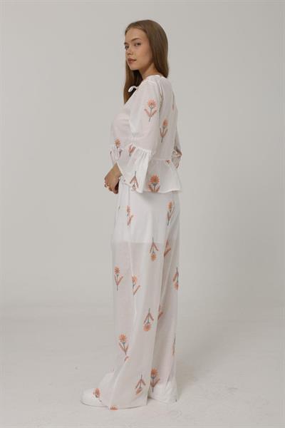 İşlemeli Oversize Pantolon - Beyaz