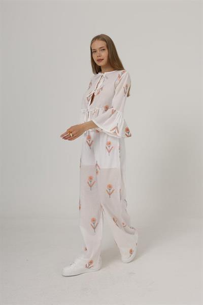 İşlemeli Oversize Pantolon - Beyaz