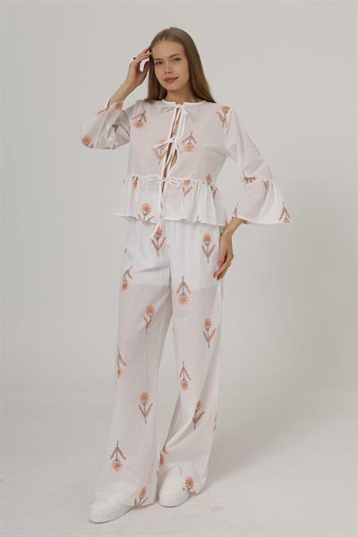 İşlemeli Oversize Pantolon - Beyaz
