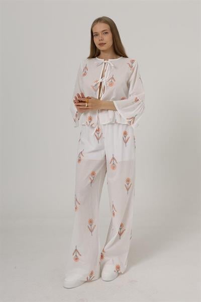 İşlemeli Oversize Pantolon - Beyaz