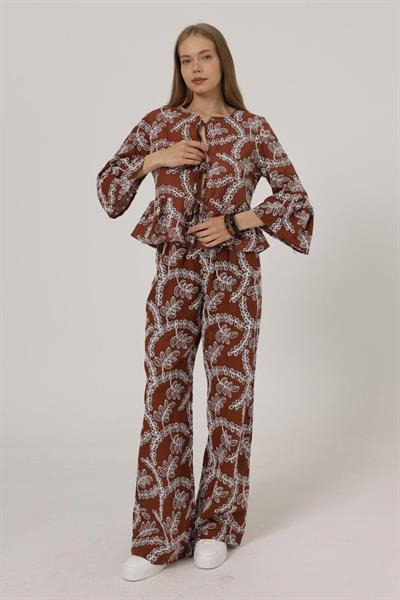 İşlemeli Oversize Pantolon - Kahve