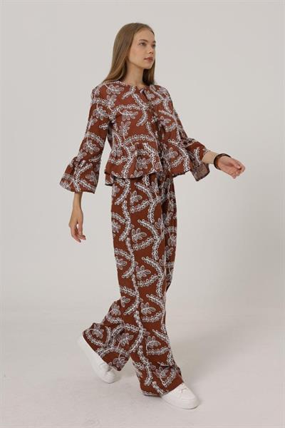 İşlemeli Oversize Pantolon - Kahve