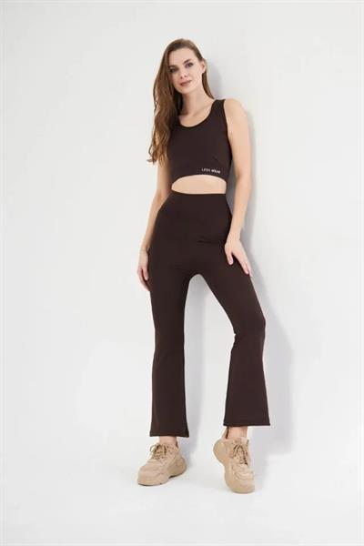 İspanyol Paça Taytli Croplu Takım - Kahve