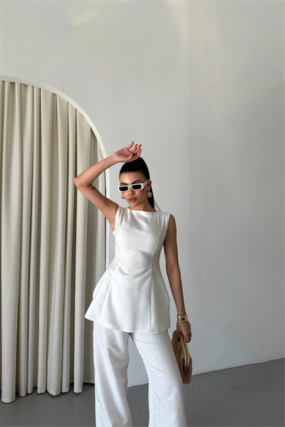 JAKAR KETEN KOLSUZ BLUZ-PANTOLON TK - Beyaz