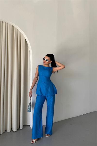 JAKAR KETEN KOLSUZ BLUZ-PANTOLON TK - Mavi