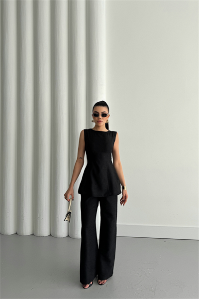 JAKAR KETEN KOLSUZ BLUZ-PANTOLON TK - Siyah