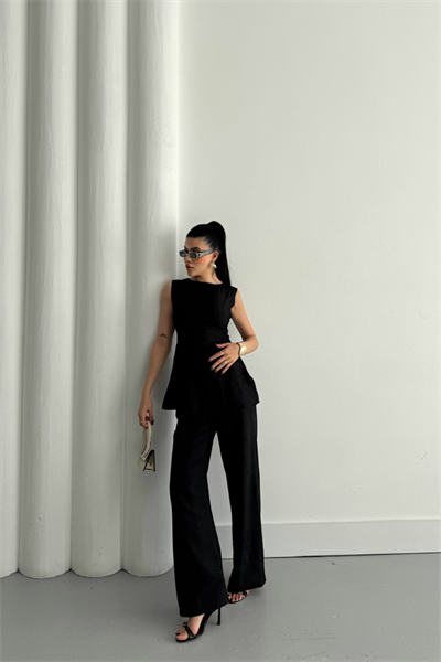 JAKAR KETEN KOLSUZ BLUZ-PANTOLON TK - Siyah