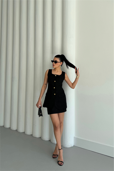 JAKAR KETEN YELEK - KISA ETEK TAKIM - Siyah