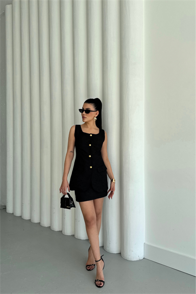 JAKAR KETEN YELEK - KISA ETEK TAKIM - Siyah