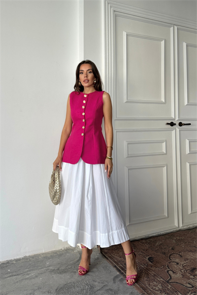 JAKAR KETEN YELEK BELDEN OTURTMALI GOLD DÜĞMELİ - Fuşya