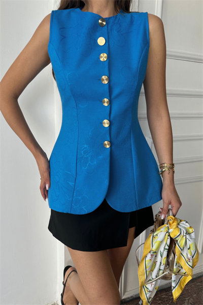 JAKAR KETEN YELEK BELDEN OTURTMALI GOLD DÜĞMELİ - Mavi