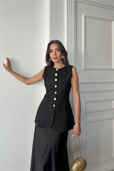 JAKAR KETEN YELEK BELDEN OTURTMALI GOLD DÜĞMELİ - Siyah