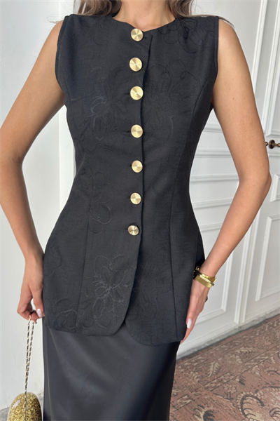 JAKAR KETEN YELEK BELDEN OTURTMALI GOLD DÜĞMELİ - Siyah