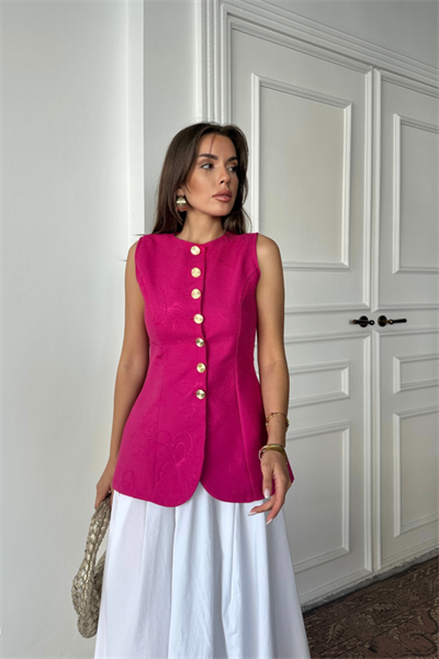 JAKAR KETEN YELEK BELDEN OTURTMALI GOLD DÜĞMELİ - Fuşya