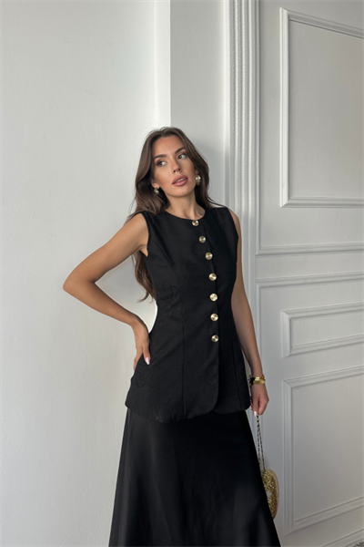 JAKAR KETEN YELEK BELDEN OTURTMALI GOLD DÜĞMELİ - Siyah