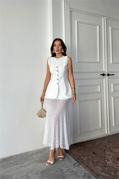 JAKAR KETEN YELEK BELDEN OTURTMALI GOLD DÜĞMELİ - Beyaz