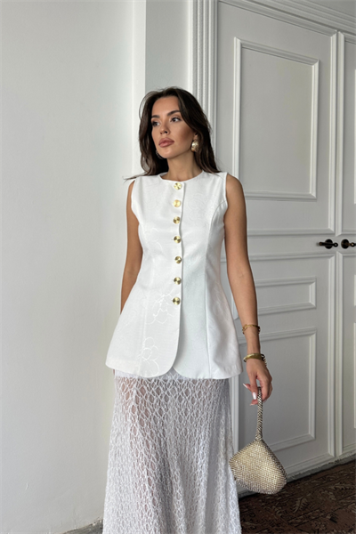 JAKAR KETEN YELEK BELDEN OTURTMALI GOLD DÜĞMELİ - Beyaz