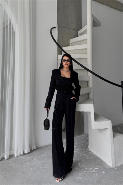 JAKARLI BLUZU TASARIM DETAYLI CEKET-PANTOLON-BLUZ 3 LÜ TAKIM - Siyah